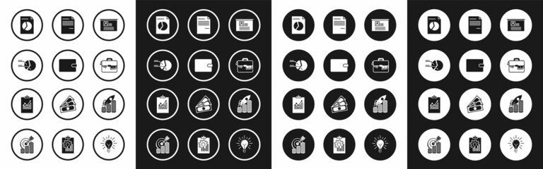 Set Board with resume, Wallet, Pie chart infographic, Document, Briefcase and money, Rocket flying up coins growth and Clipboard icon. Vector