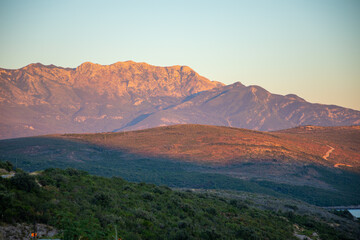 Pink mountains at sunset lights in Montenegro