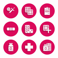Fototapeta premium Set Pills in blister pack, Cross hospital medical, Medicine bottle and pills, Bandage plaster, Medical clipboard with clinical record and syringe needle icon. Vector