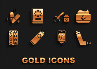 Set Ointment cream tube medicine, Inhaler, IV bag, Pills blister pack, Medical syringe with needle and vial or ampoule, Medicine pill tablet and book icon. Vector