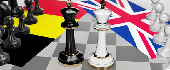 Belgium and UK England conflict, clash, crisis and debate between those two countries that aims at a trade deal and dominance symbolized by a chess game with national flags, 3d illustration