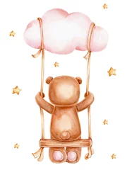 Fotobehang Teddy bear on swing with cloud  watercolor hand drawn illustration  with white isolated background © Нина Новикова