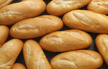 Many fresh wheat bread buns as background