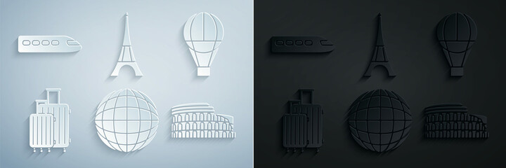 Set Earth globe, Hot air balloon, Suitcase for travel, Coliseum in Rome, Italy, Eiffel tower and Train icon. Vector