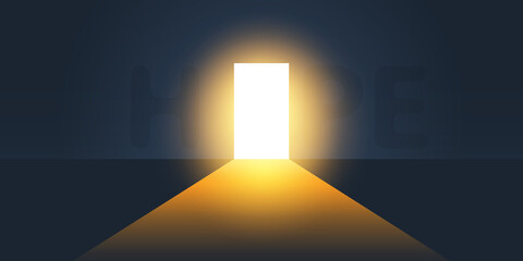 Dark Room, Bright Light Coming In Through an Open Door - New Possibilities, Hope, Overcome Problems, Solution Finding Concept Design