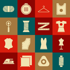 Set Sewing thread on spool, Mannequin, Woman dress, Hanger wardrobe, Cutter tool, and Tape measure icon. Vector