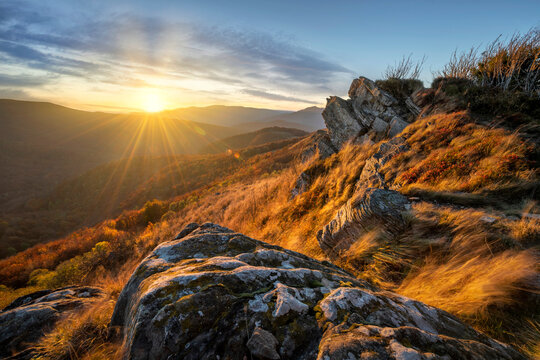 Beautiful autumn sunset in Bieszczadzy mountains - Poland