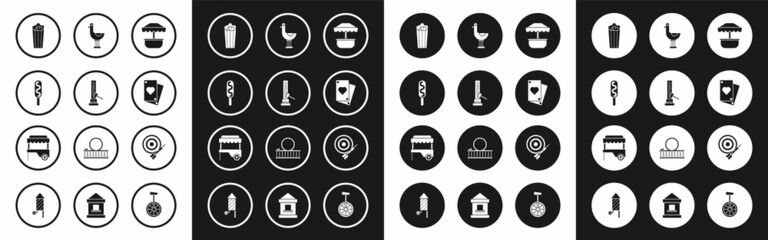 Set Attraction carousel, High striker attraction with big hammer, Corn dog, Popcorn in cardboard box, Playing, Riding kid duck, Classic dart and arrow and Fast street food cart awning icon. Vector