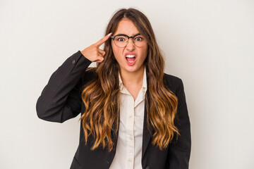 Young caucasian business woman isolated on white background showing a disappointment gesture with forefinger.