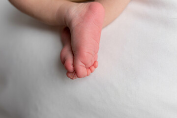 small feet of a newborn baby on a white background