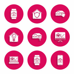 Set Smart house and light bulb, watch with smart, Mobile phone, Computer monitor home wi-fi, Laptop, House under protection and temperature icon. Vector