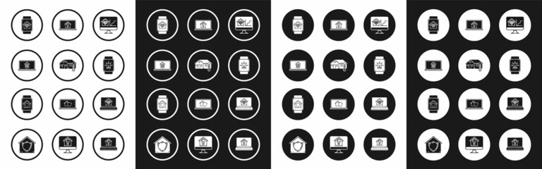 Set Computer monitor with smart home with wi-fi, House temperature, Laptop, Smart watch, house and alarm, light bulb, and under protection icon. Vector