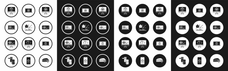 Set Computer monitor with smart home with wi-fi, Smart, Laptop, house and light bulb, Mobile phone, and icon. Vector