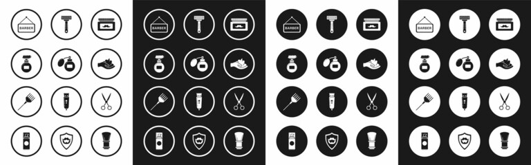 Set Cream or lotion cosmetic jar, Aftershave, tube, Barbershop, Shaving gel foam hand, razor, Scissors hairdresser and Hairbrush icon. Vector