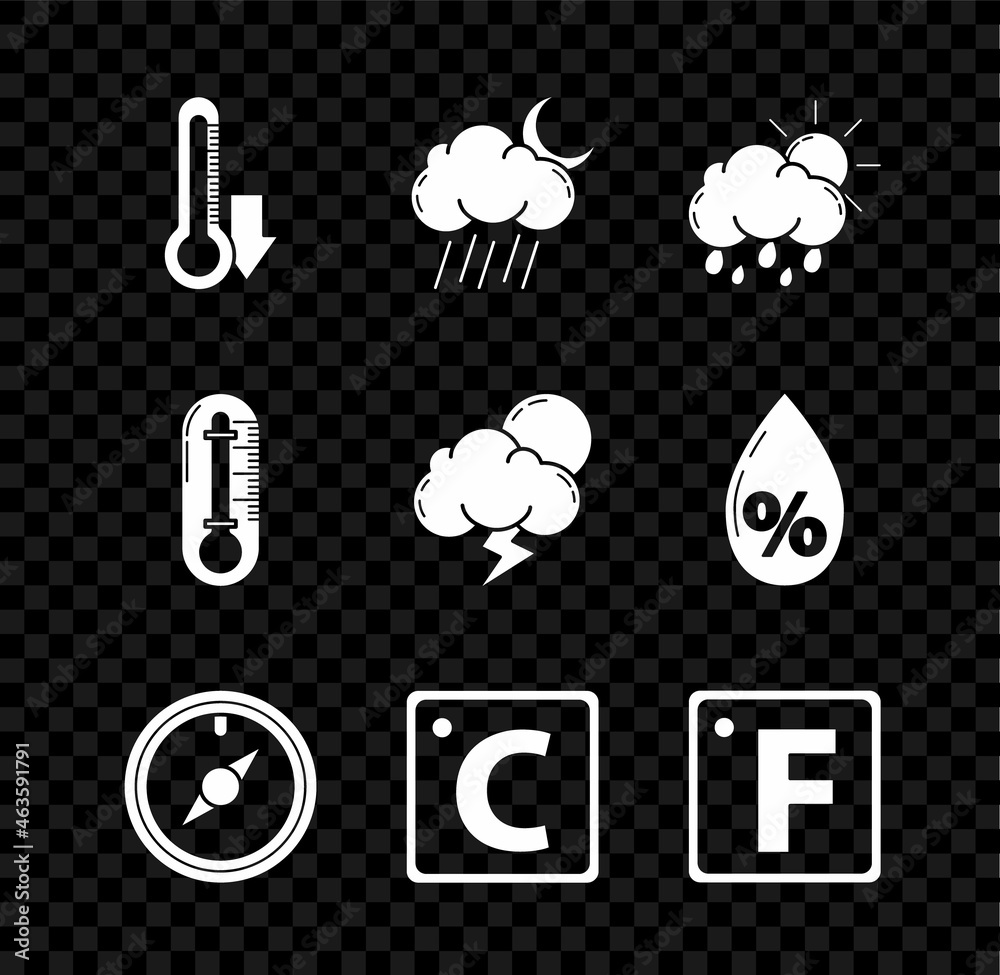 Wall mural Set Thermometer, Cloud with rain and moon, sun, Wind rose, Celsius, Fahrenheit, and Storm icon. Vector