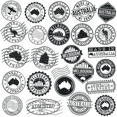 Melbourne VIC, Australia Set of Stamp. Vector Art Postal Passport Travel Design. Travel and Business Seals.