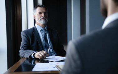 Portrait of a confident mature businessman sitting at table in office, meeting with colleague.