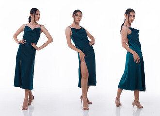 Fototapeta premium Collage Group Full length Figure snap of 20s Asian Woman black hair wear green bed dress and shoes