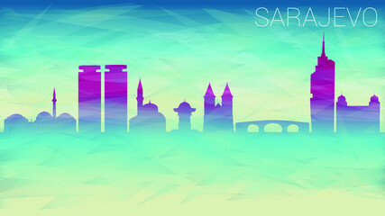 Sarajevo Bosnia Skyline City Silhouette. Broken Glass Abstract  Textured. Banner Background Colorful Shape Composition.