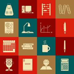 Set Calculator, Pen, Abacus, Workplace with table lamp and open book, Board graph chart, School backpack and Pie infographic icon. Vector