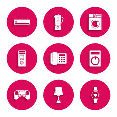 Set Telephone, Table lamp, Smart watch showing heart beat rate, Remote control, Gamepad, Washer and Air conditioner icon. Vector