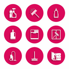 Set Washer, Mop, Electric iron and towel, Squeegee, scraper, wiper, Vacuum cleaner, Plastic bottles for liquid dishwashing liquid, and icon. Vector