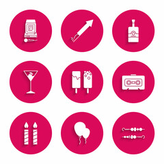 Set Ice cream, Balloons with ribbon, Grilled shish kebab, Retro audio cassette tape, Birthday cake candles, Martini glass, Whiskey bottle and Karaoke icon. Vector