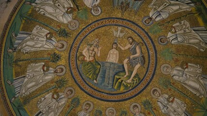 Ravenna, Italy, JUNE ,5, 2016. Circle view of mosaic of Arian Baptistery. Unesco