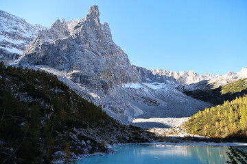 Lake Sorapis with the mountain the Finger of God in the background, Dolomites, Italy