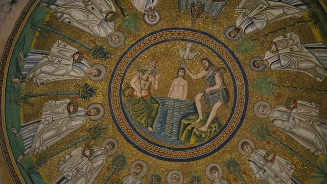 Ravenna, Italy, JUNE ,5, 2016. Circle view of mosaic of Arian Baptistery. Unesco