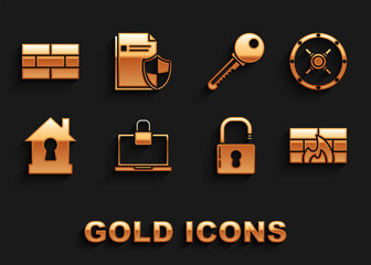 Set Laptop and lock, Safe, Firewall, security wall, Open padlock, House under protection, Key, Bricks and Document concept icon. Vector