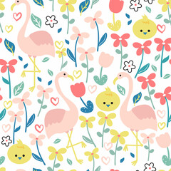 Naklejka premium Seamless pattern with cute cartoon animal and plant for fabric print, textile, gift wrapping paper. colorful vector for textile, flat style