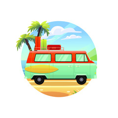 Surfing bus on a tropical beach. 
Summer trip. Vintage camper van bus. Vector illustration in flat style.