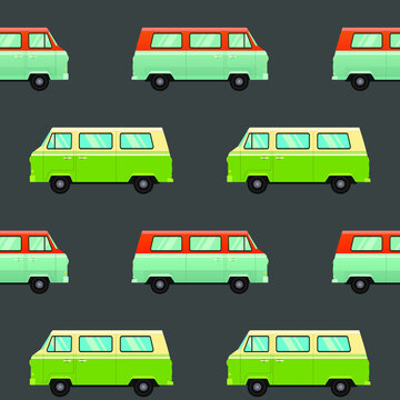 Vintage camper van bus seamless pattern on grey background.  Vector illustration in flat style. Classic hippie vans in retro style.
