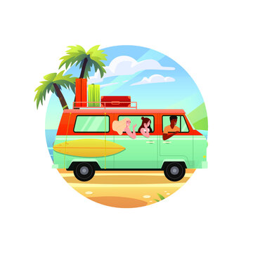 Surfing bus on a tropical beach. 
Happy young people. Summer trip. Vintage camper van bus. Vector illustration in flat style. 