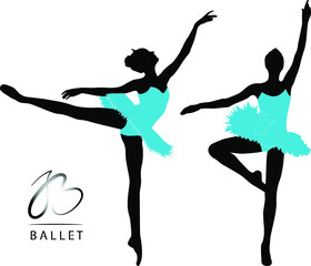 dancing ballerina, black silhouettes in blue dresses on a white background