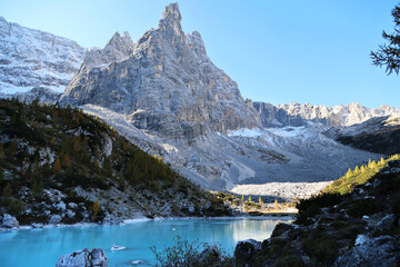 Lake Sorapis with the mountain the Finger of God in the background, Dolomites, Italy