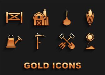 Set Scythe, Corn, Sunflower, Shovel and rake, Watering can, Onion, Garden fence wooden and Farm House concept icon. Vector
