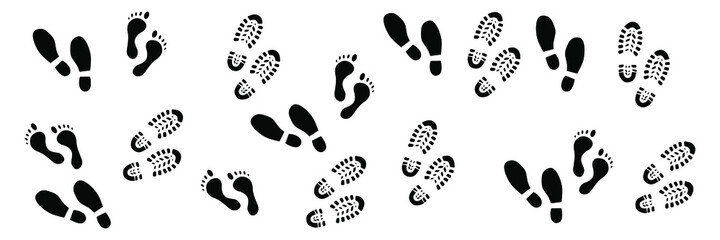 background with footprints motif, office shoes, mountain shoes