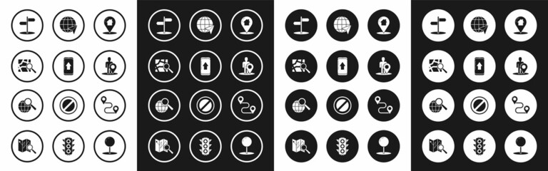 Set Map pointer with house, Infographic of city map navigation, Folded location marker, Road traffic sign, silhouette person, Location the globe, Route and Magnifying glass icon. Vector