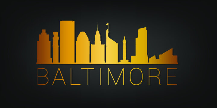 Baltimore, MD, USA Gold Skyline City Silhouette Vector. Golden Design Luxury Style Icon Symbols. Travel and Tourism Famous Buildings.