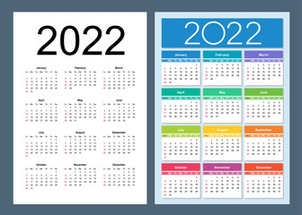 Colorful calendar for 2022 year. Week starts on Sunday. Vertical. Isolated vector illustration.