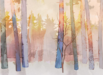 Vector illustration with forest pattern. Watercolor effect  - 463594338