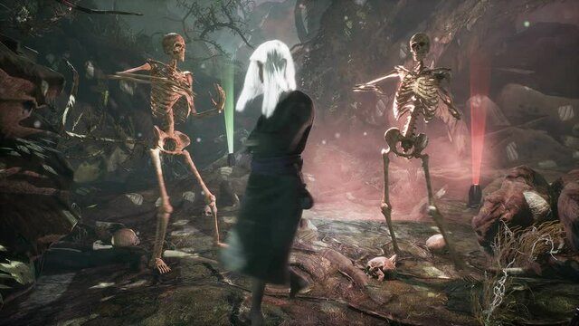 Halloween disco and fun dancing performed by skeletons and witches in a spooky dark forest. Halloween Horror Concept. The looped animation is perfect for Halloween or horror backgrounds. 3D rendering.
