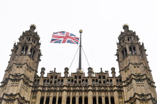 Union Jack flag flies at half mast on top of the Victoria Tower in London