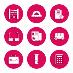 Set Certificate template, Test tube and flask chemical laboratory, Calculator, School Bus, Briefcase, Glasses, Exam sheet with clock and Abacus icon. Vector