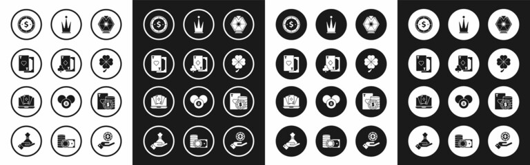Set Lucky wheel, Playing card with diamonds, heart, Casino chip dollar, Four leaf clover, Crown, and playing cards and Online poker table game icon. Vector
