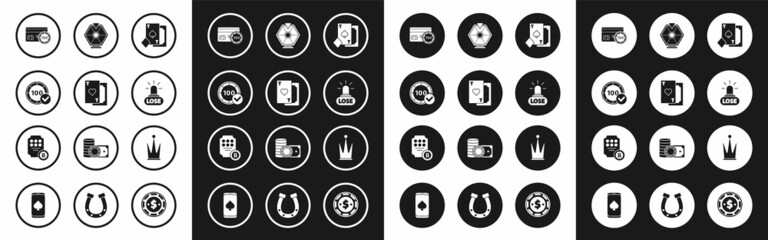 Set Playing card with spades, heart, Casino chips, Credit, losing, Lucky wheel, Crown and Online slot machine icon. Vector