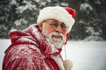 Portrait of Santa Claus in winter snowy forest.