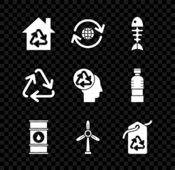 Set Eco House with recycling symbol, Planet earth and a, Fish skeleton, Oil barrel line, Wind turbine, Tag recycle, Recycle and Human head icon. Vector